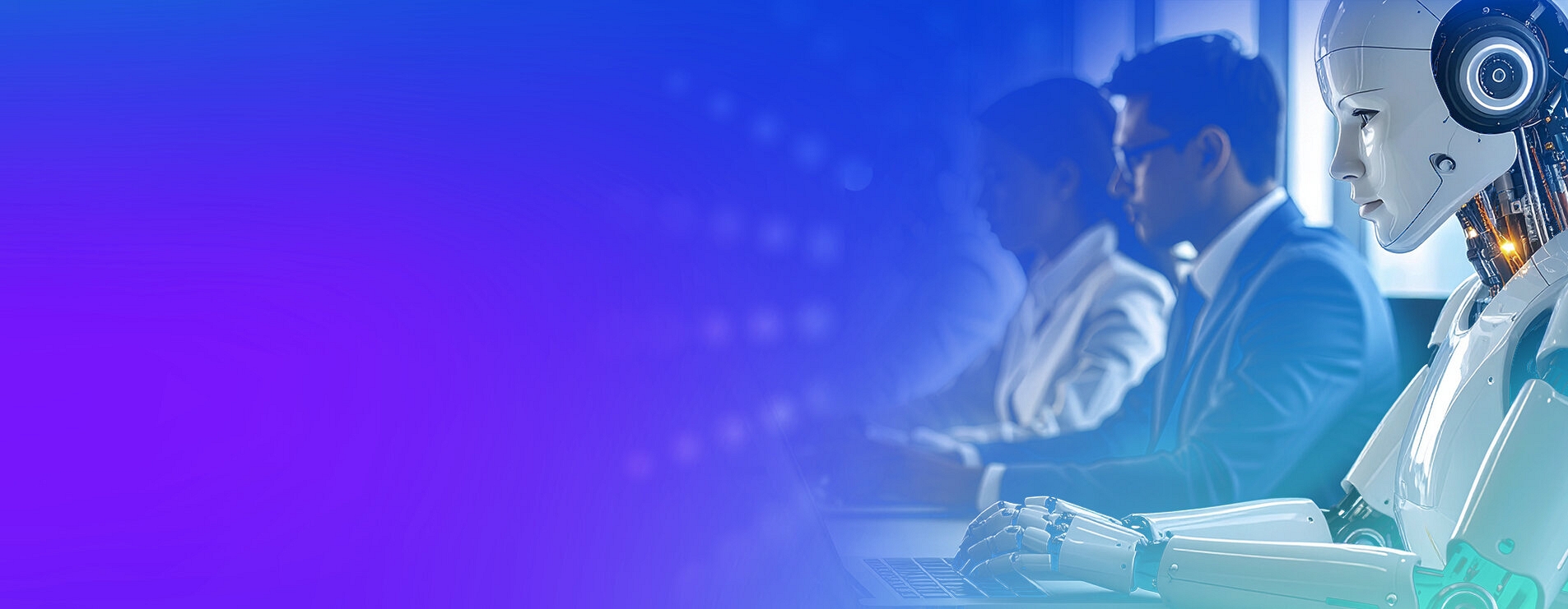Business professionals working on laptops beside a humanoid robot, symbolising human-robot collaboration, with a gradient blue to purple background.